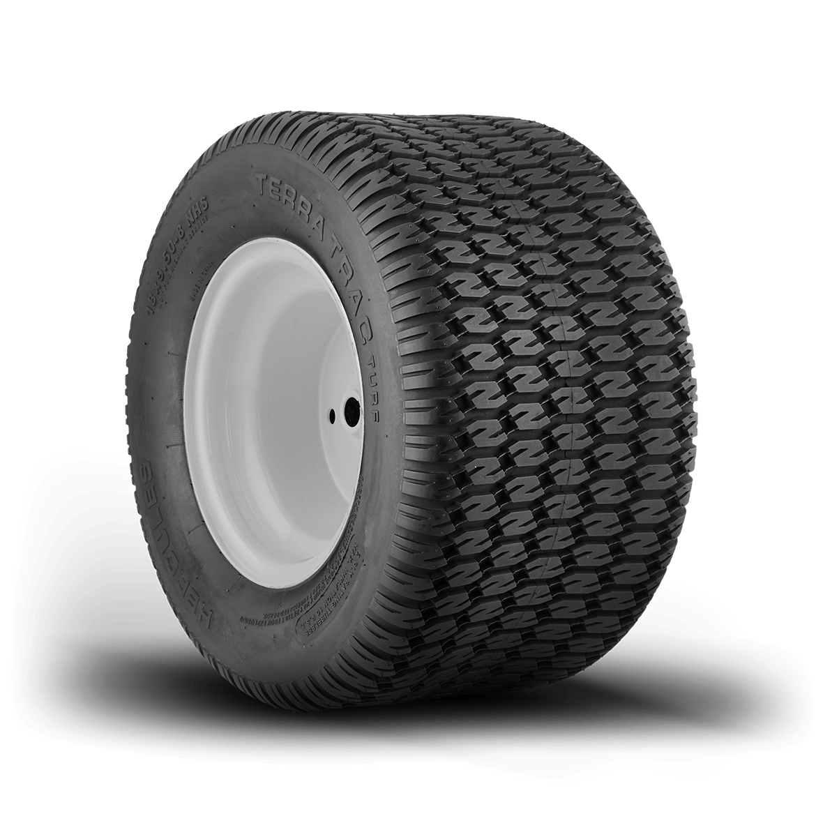 Right side read and rim view of the Terra Trac Turf tire on a white background.