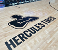 The Hercules Tire logo over a slightly blurry photo of a basketball sitting on the court. 